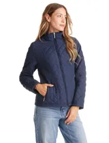 Campera capitoneada azul marino con diseño de rombos y paneles laterales elásticos para un ajuste entallado. Presenta cuello alto, cierre frontal completo y bolsillos laterales con cierre.