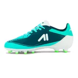 Championes de fútbol Austral modelo Blast, color verde aguamarina con detalles en azul oscuro y blanco. Presentan suela con tapones para césped y cierre con cordones.