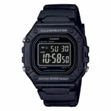 Reloj Casio digital negro con pantalla LCD, resistente al agua hasta 50 metros.