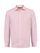 Camisa de manga larga para hombre, marca RKF, confeccionada en lino color rosado, con cuello camisero y cierre frontal de botones.