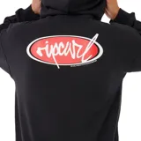 Canguro con cierre frontal de la marca Rip Curl, color negro, con capucha y logo estampado en el pecho en un óvalo rojo.